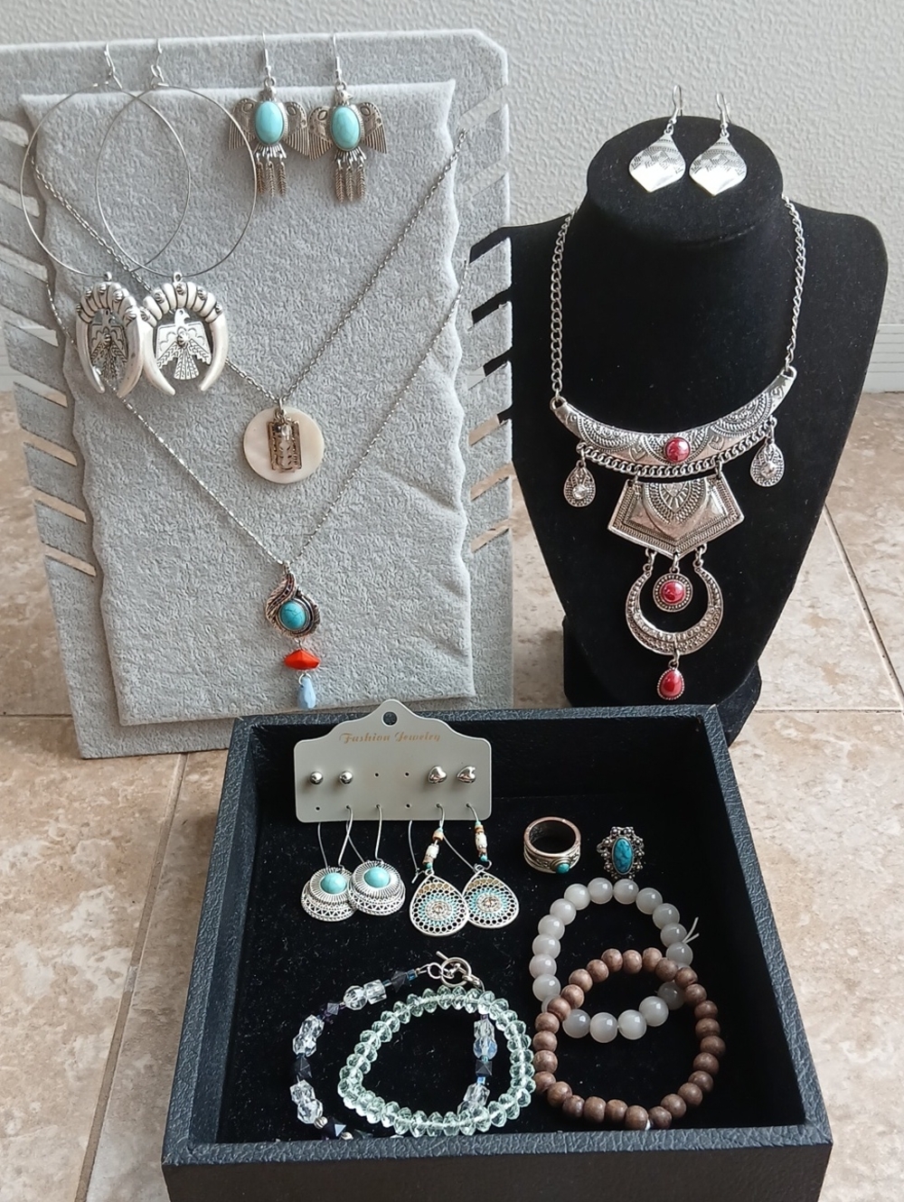 Silver-Tone Boho & Ethnic Statement Necklaces, Earrings, Bracelets, Rings Bundle